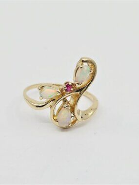 Unique 14K Karat Solid Yellow Gold Designer Teardrop Opal & Ruby Ring - Size 5